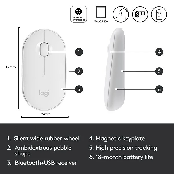 Logitech Pebble M350 Wireless Ambidextrous Optical Mouse, Off-White (910-005770) - Image 5