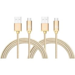 LAX Gadgets Durable Braided Micro USB Cables For Android Smartphones, Samsung, LG (10ft) - (Set Of 2 - Gold)