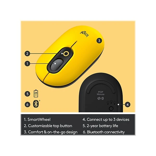 Logitech POP Wireless Ambidextrous Optical Mouse, Blast Yellow (910-006543) - Image 3