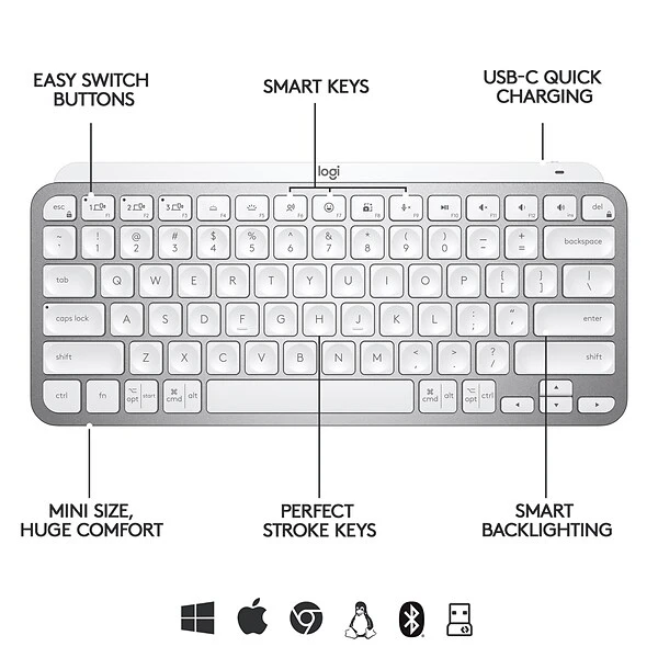 Logitech MX Keys Mini For Business Wireless Ergonomic Keyboard, Pale Gray (920-010595) - Image 5