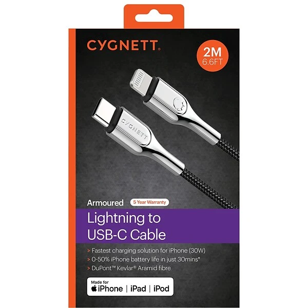 Cygnett Armored Lightning To USB-C Charge And Sync Cable, 6', Black (CY2801PCCCL) - Image 5