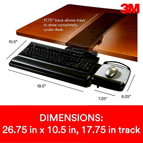 3M™ Knob Adjust Keyboard Tray, 26.75" X 10.5" Adjustable Platform, 17.75" Track, Black, Wrist Rest And Mouse Pad (AKT80LE)