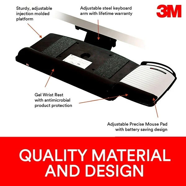 3M™ Knob Adjust Keyboard Tray, 26.75" X 10.5" Adjustable Platform, 17.75" Track, Black, Wrist Rest And Mouse Pad (AKT80LE) - Image 4