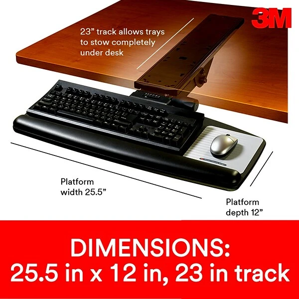 3M™ Easy Adjust Keyboard Tray, 25.5" X 12" Wood Platform, 23" Track, Black, Wrist Rest And Mouse Pad (AKT90LE)