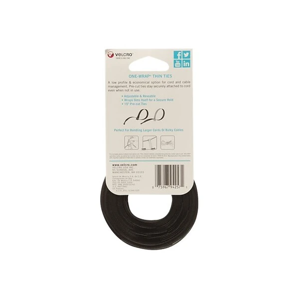 VELCRO® Velcro Brand ONE-WRAP Cable Ties, 1/2" X 15", Reusable Hook & Loop Fastener, Gray, 30/Pack (94257)