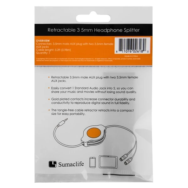 SumacLife Purple Retractable 3.2 FT Headphone Splitter 3.5mm Male To 2 3.5 Mm Female Cable - Image 2