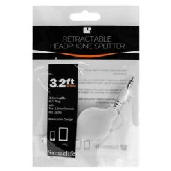 SumacLife White Retractable 3.2 FT Headphone Splitter 3.5mm Male To 2 3.5 Mm Female Cable