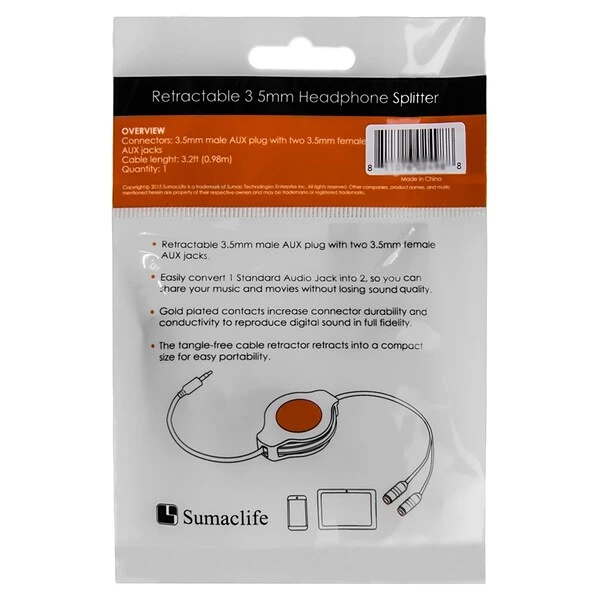 SumacLife White Retractable 3.2 FT Headphone Splitter 3.5mm Male To 2 3.5 Mm Female Cable - Image 2